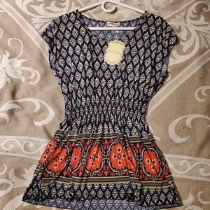 Navy and Coral Patterned Blouse